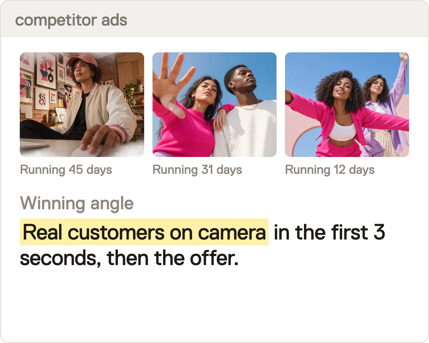 Competitor ads research: three competitor ads, one running 45 days, and the winning angle