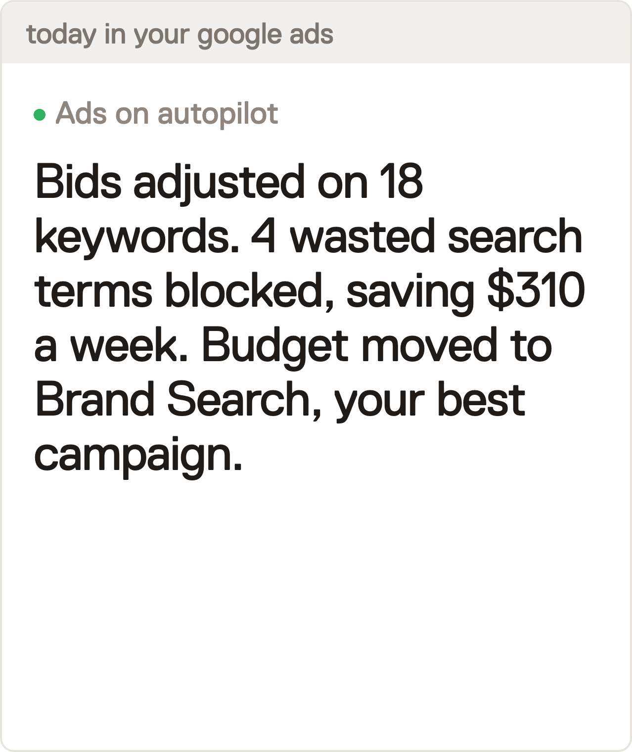 Today in your Google Ads, ads on autopilot: bids adjusted on 18 keywords, 4 wasted search terms blocked saving $310 a week, budget moved to Brand Search, the best campaign