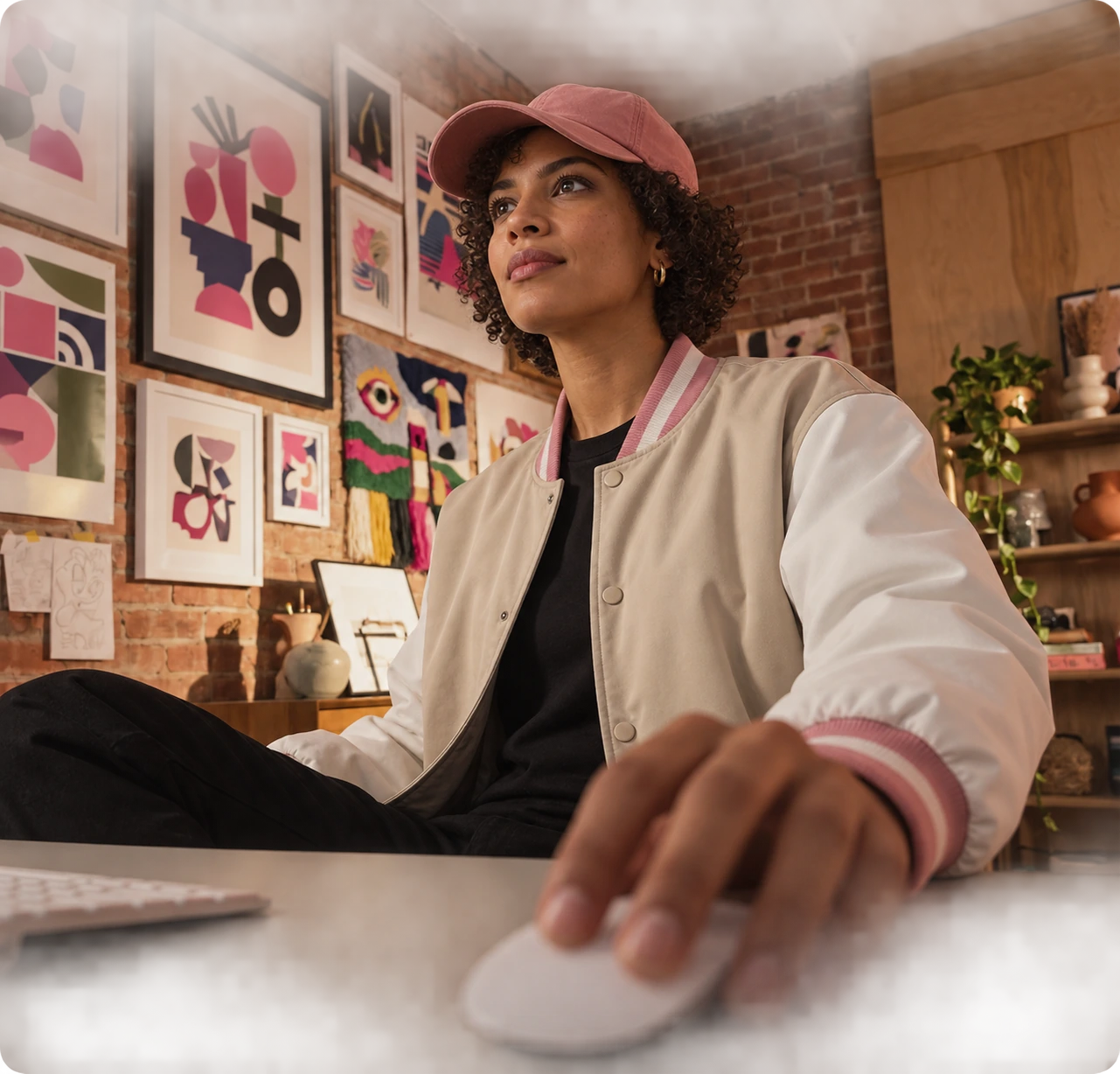 A creator at their desk in an art-filled studio, working with Muze AI