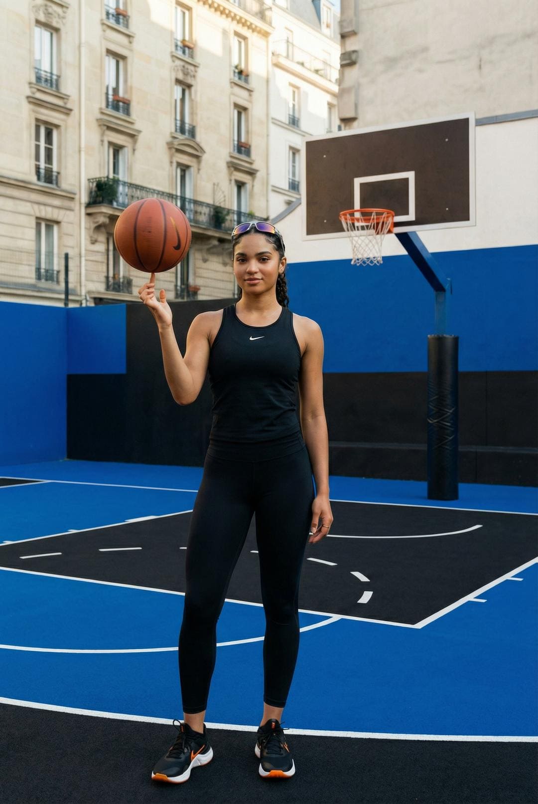 Sportswear ad — a woman spinning a basketball