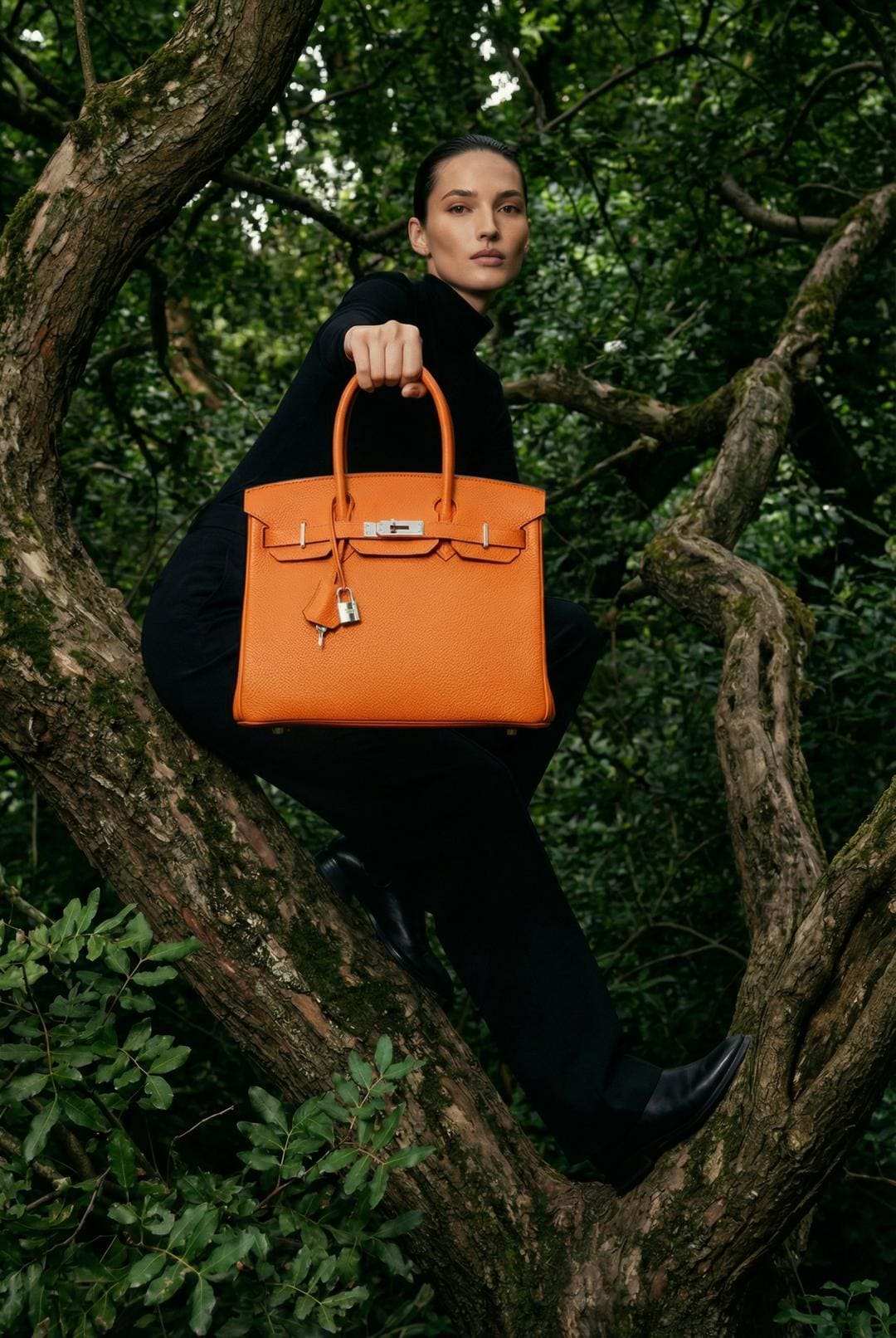 Luxury fashion ad — model holding an orange handbag