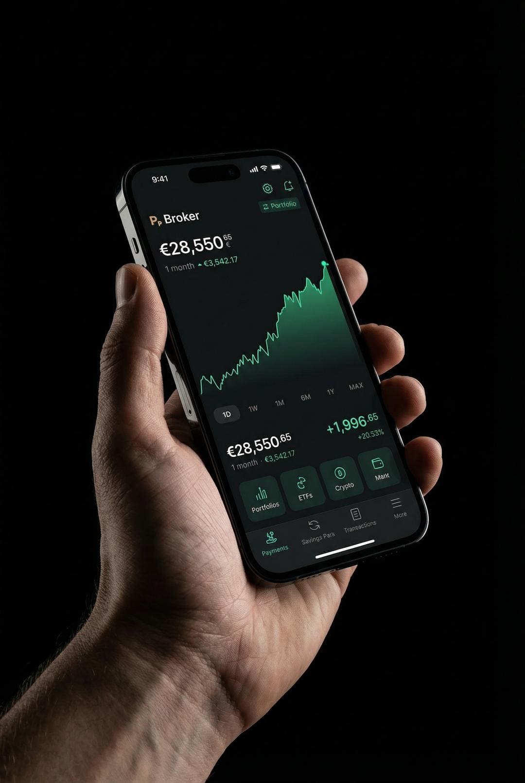 Fintech ad — a hand holding a phone with a portfolio