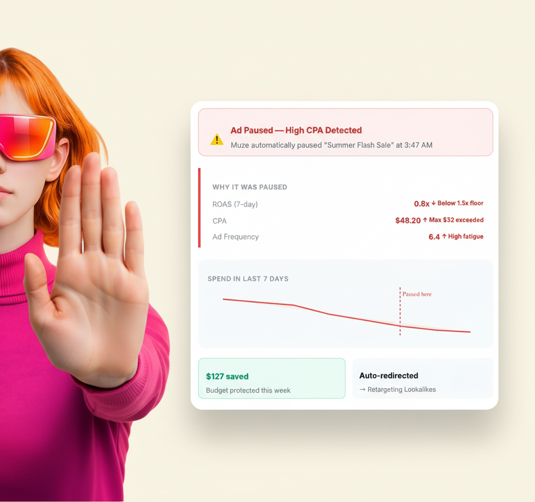 Muze AI auto-pausing an underperforming ad — ROAS dropped below threshold