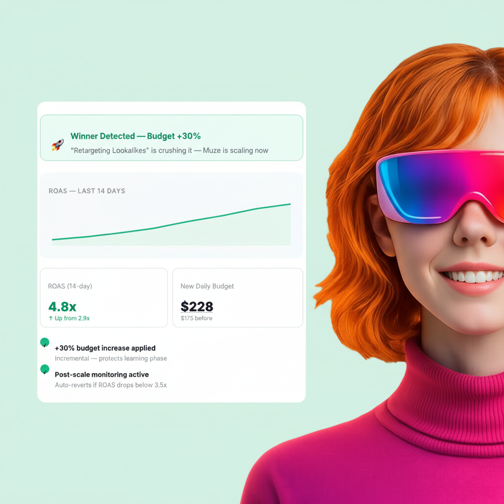 Muze AI auto-scaling a winning campaign — ROAS stable as budget increases